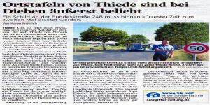 Ortsschild Thiede erneut gestohlen