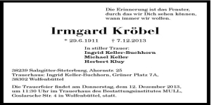 07.12.2013 - Irmgard Kröbel im Alter von 102 Jahren verstorben