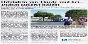 Ortsschild Thiede erneut gestohlen